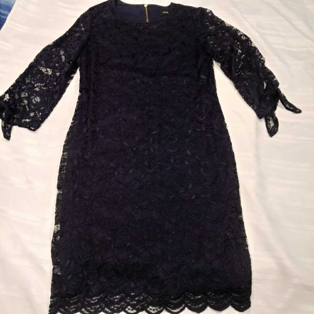 LIZ CLAIBORNE Navy Blue Lined Lace Sheath Dress